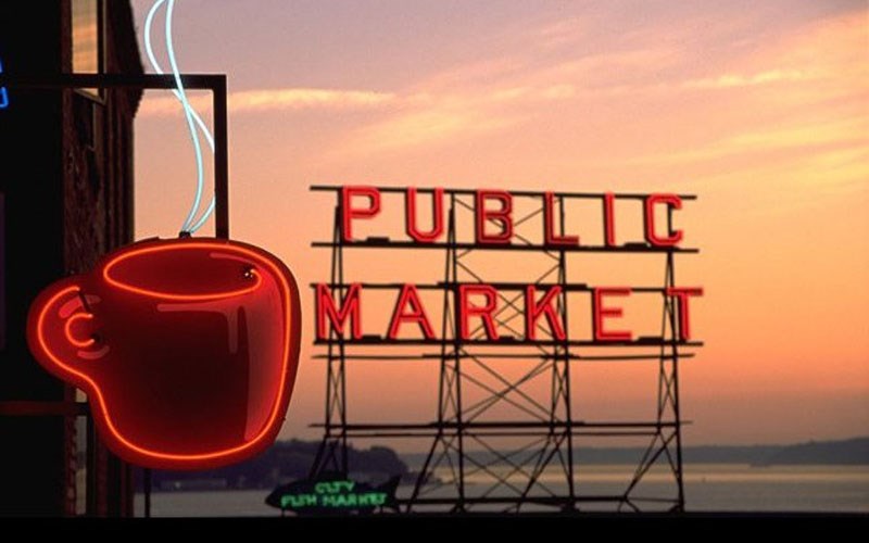 Pike Place Market Sign Sunset in Seattle